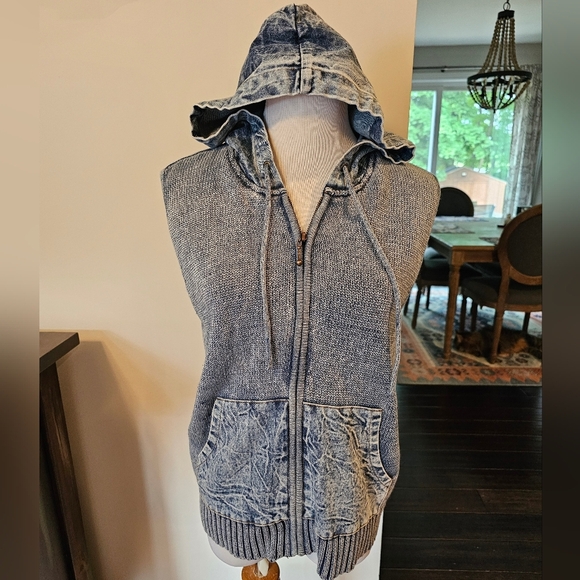 North Style Size MED• Vintage Full Zip Hooded Knit Denim Mixed Media Vest Unique - Picture 1 of 11
